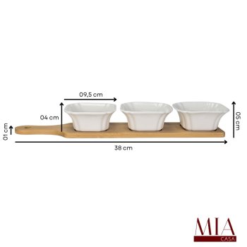 Conjunto Petisqueira de Cerâmica Branca com Tábua de Bambu e 3 Ramequins para Mesa Posta