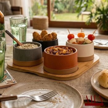 Conjunto Petisqueira 4 Bowls de Cerâmica com Tábua de Bambu para Mesa Posta