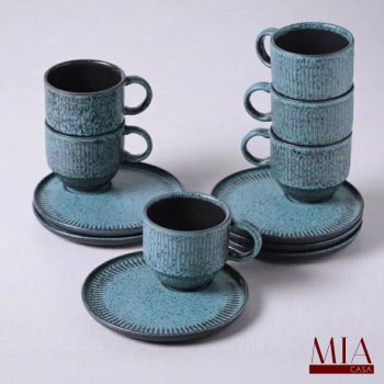 Conjunto Jogo 6 Xícaras Empilháveis c/ Pires 230ml Orgânico Stoneware Petroleum Porto Brasil