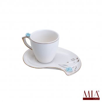 Xícara de Café Porcelana Flower Design Plate Azul 90ML