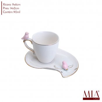 Xícara de Café Porcelana Birds Design Plate Rosa 90ML