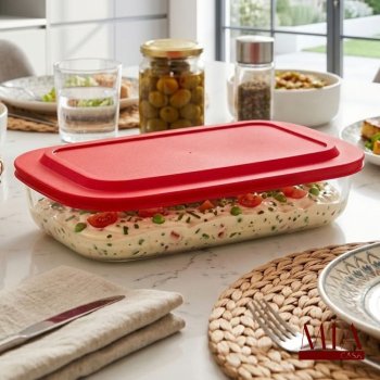 Lasanheira Marinex Assadeira Travessa de Vidro Retangular com Tampa Plástica Vermelha 5 Litros Grande para Forno