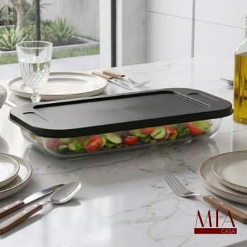 Lasanheira Assadeira Travessa de Vidro Retangular com Tampa Plástica Preta Refratária 3 Litros para Forno Micro-ondas