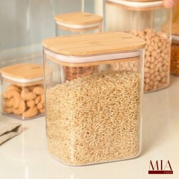 Pote Hermético Acrílico PS Transparente 1,5 Litro Ou com Tampa de Bambu Quadrado Porta Mantimentos para Arroz e Grãos