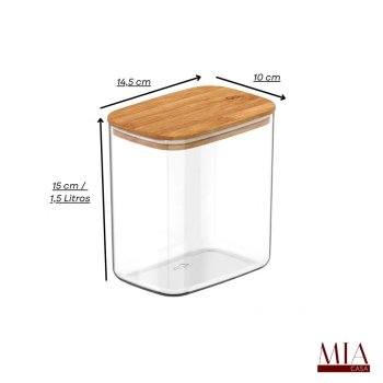 Pote Hermético Acrílico PS Transparente 1,5 Litro Ou com Tampa de Bambu Quadrado Porta Mantimentos para Arroz e Grãos